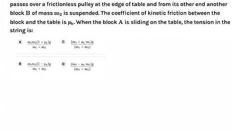 A block A of mass m1 rests on a horizontal table. A light string connected to it passes over a fric