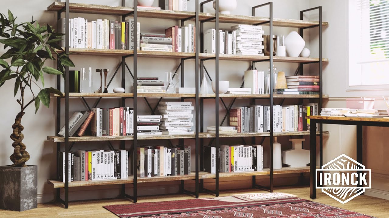 IRONCK Bookshelf, Double Wide 5-Tier Open Bookcase Vintage Industrial Large Etagere Bookshelves