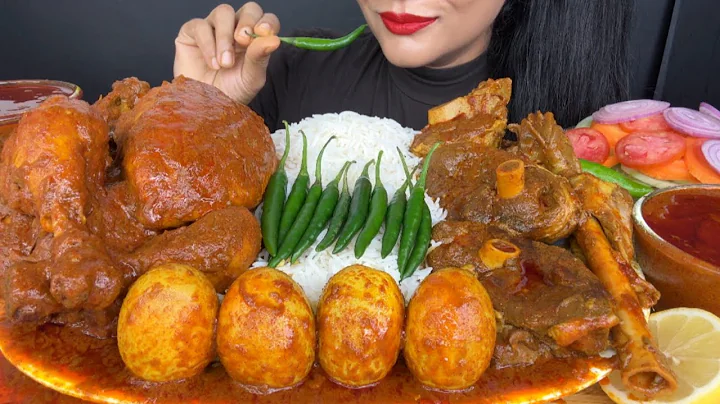 ASMR EATING SPICY WHOLE CHICKEN CURRY,MUTTON CURRY,EGG CURRY WITH WHITE RICE AND SALAD