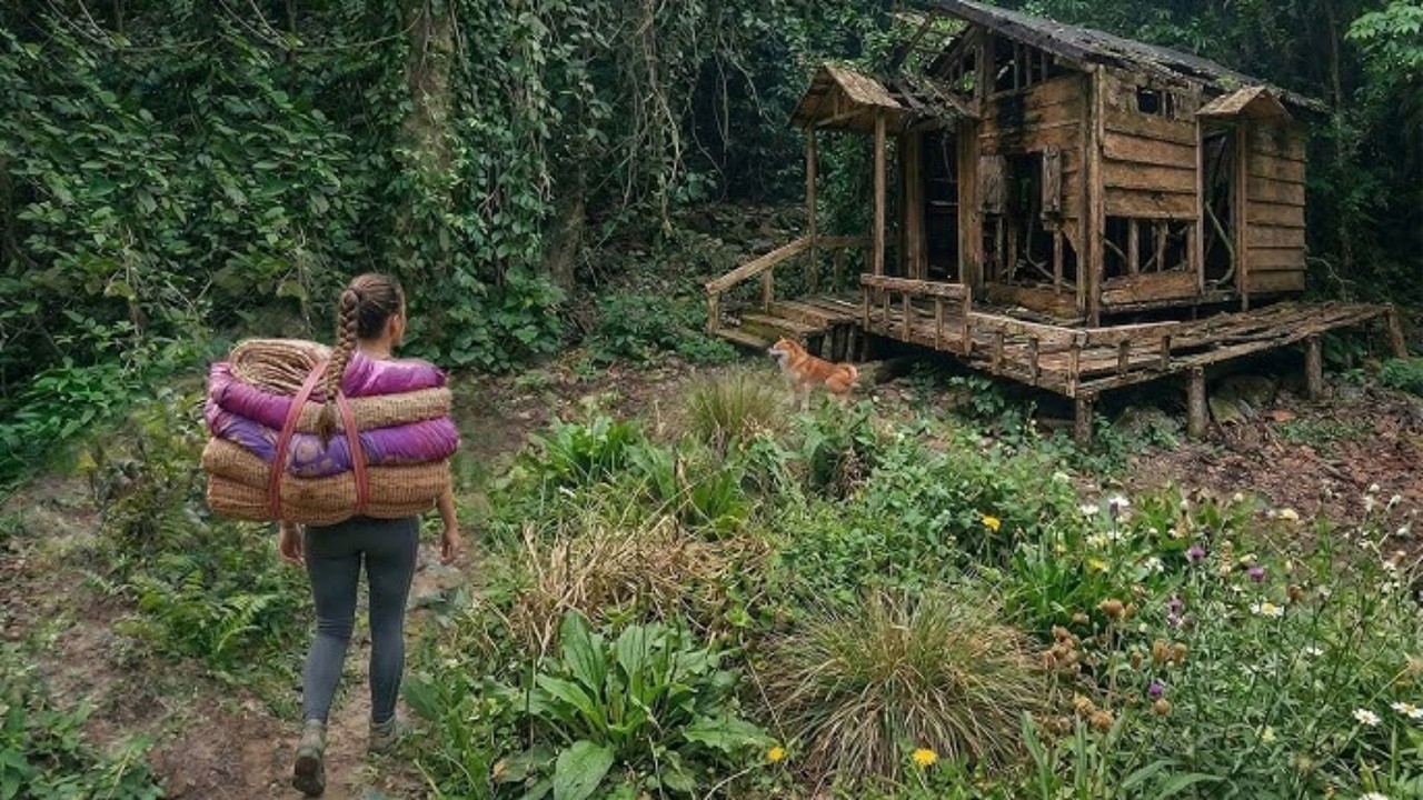 Building a bamboo house in the forest - A girl living alone, isolated ...
