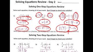 Solving Equations Review Day 2   Answer Key