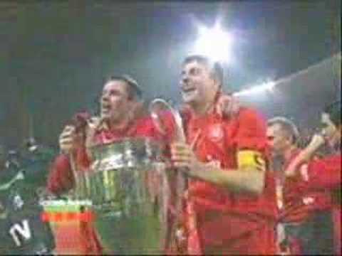 Jamie Carragher and Steven Gerrard singing ring of fire after the champions league final.