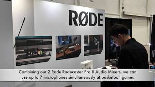 Combining our 2 Rode Rodecaster Pro Audio Mixers, we can use up to 7 microphones at basketball games