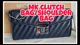 MICHAEL KORS FLAP BAG |  CLUTCH BAG NAVY | ELONGATED CLUCH | DETACHABLE SHOULDER STRAP SHOULDER BAG