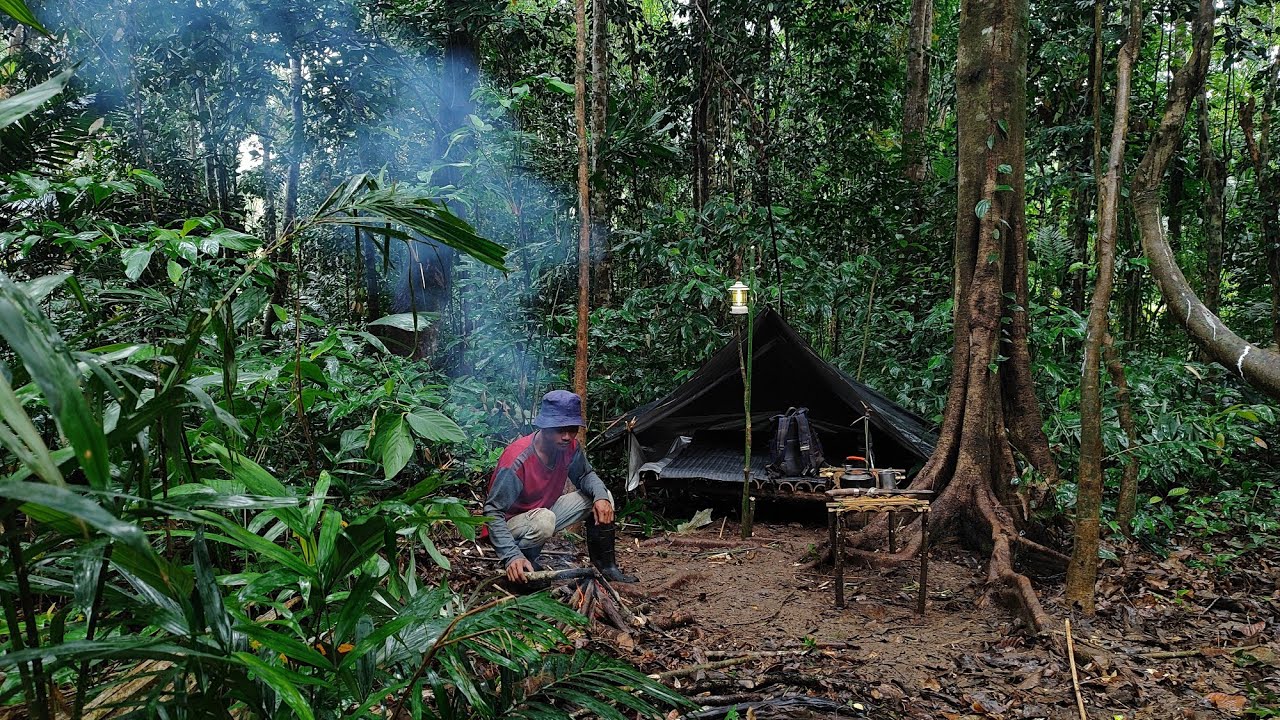 Berpetualang & camping di hutan, pasang pancing ikan, mengolah sayuran & jamur liar | Kang kumang
