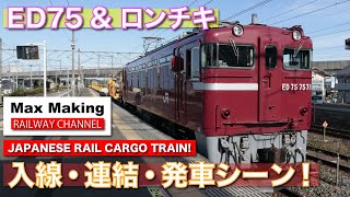 【HD】ED75 & ロンチキ Japanese Rail Cargo Train! 岩切駅 入線・連結・発車シーン！（一ノ関工臨 レール2段積み！）Max Making