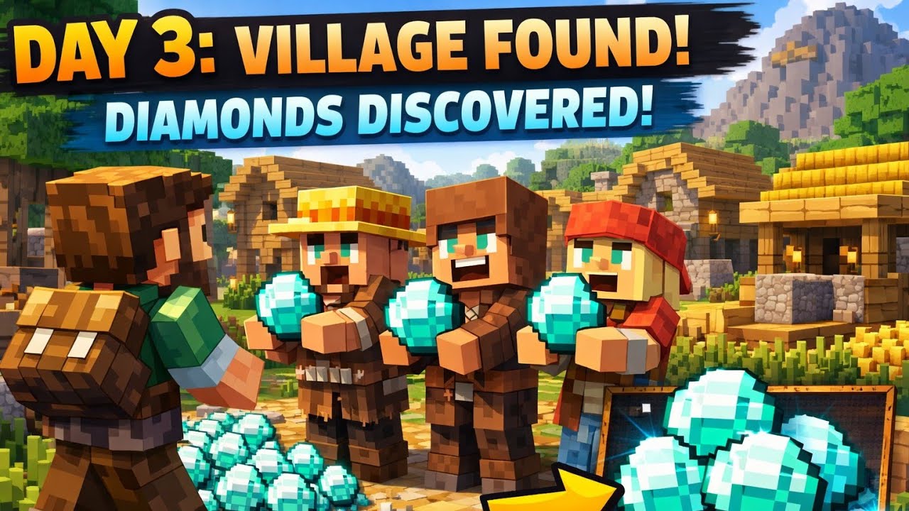 DAY 3 😱 Village Mil Gaya | Ek Village Me DIAMOND 😍 | Minecraft Survival ...