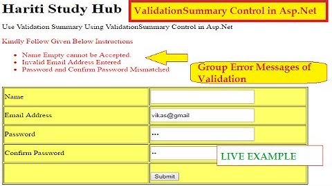 How to Use ValidationSummary Control for Validation in Asp.Net C# | Hindi | Online Learning Classes