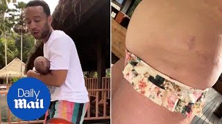 Chrissy Teigen shows her mom bod & John dancing with baby Miles