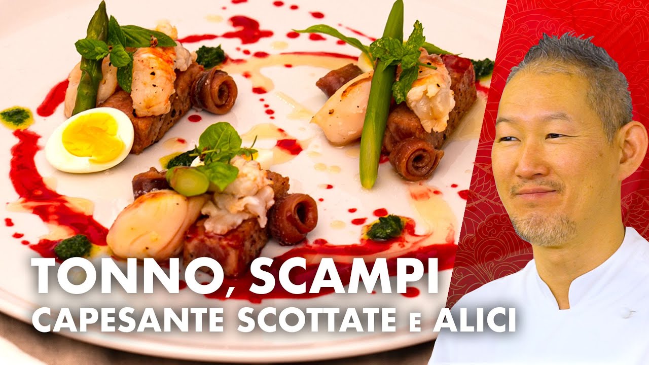 Ventresca di Tonno con Cappesante Scottate, Scampi e Alici