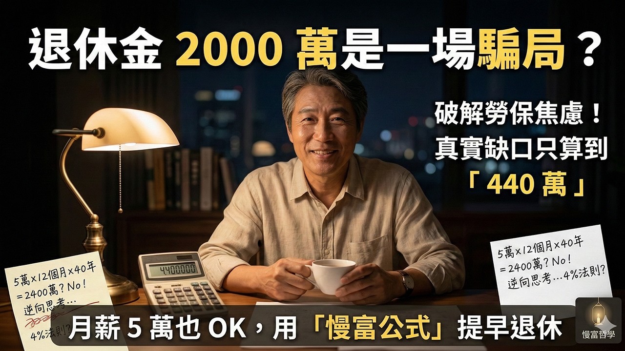 【慢富哲學】退休金2000萬是一場騙局？月薪5萬也能達成的「真實提早退休」指南｜破解勞保焦慮與4%法則#退休金 #提早退休 #財務自由 #FIRE運動 #慢富哲學 #4趴法則 #勞保破產 #台股ETF