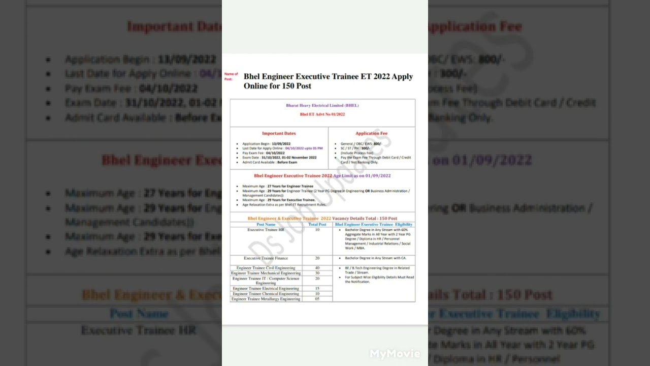 BHEL Recruitment 2022 | BHEL Recruitment 2022 For Trainee Engineers Bhel Engineer Executive