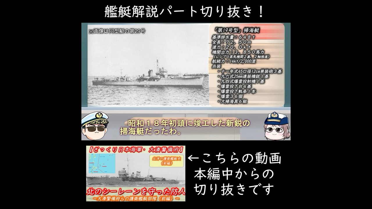 「第19号型」掃海艇の解説パート切り抜き(大湊警備府らの護衛艦艇部隊(前編)) #日本海軍 #掃海艇