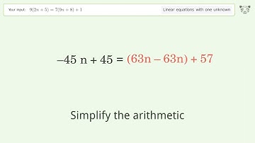 Solve 9(2n+5)=7(9n+8)+1: Linear Equation Video Solution | Tiger Algebra