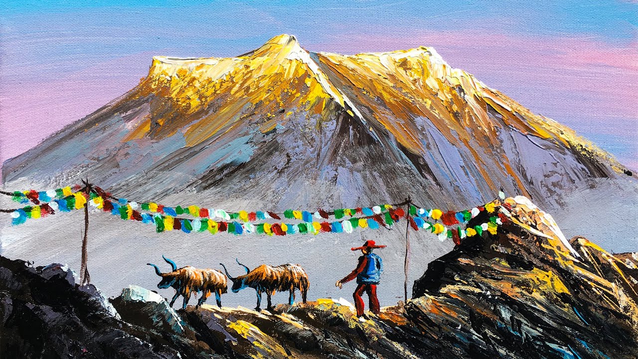 Nepali Painting Painting a Beautiful Mountain Landscape with Acrylics