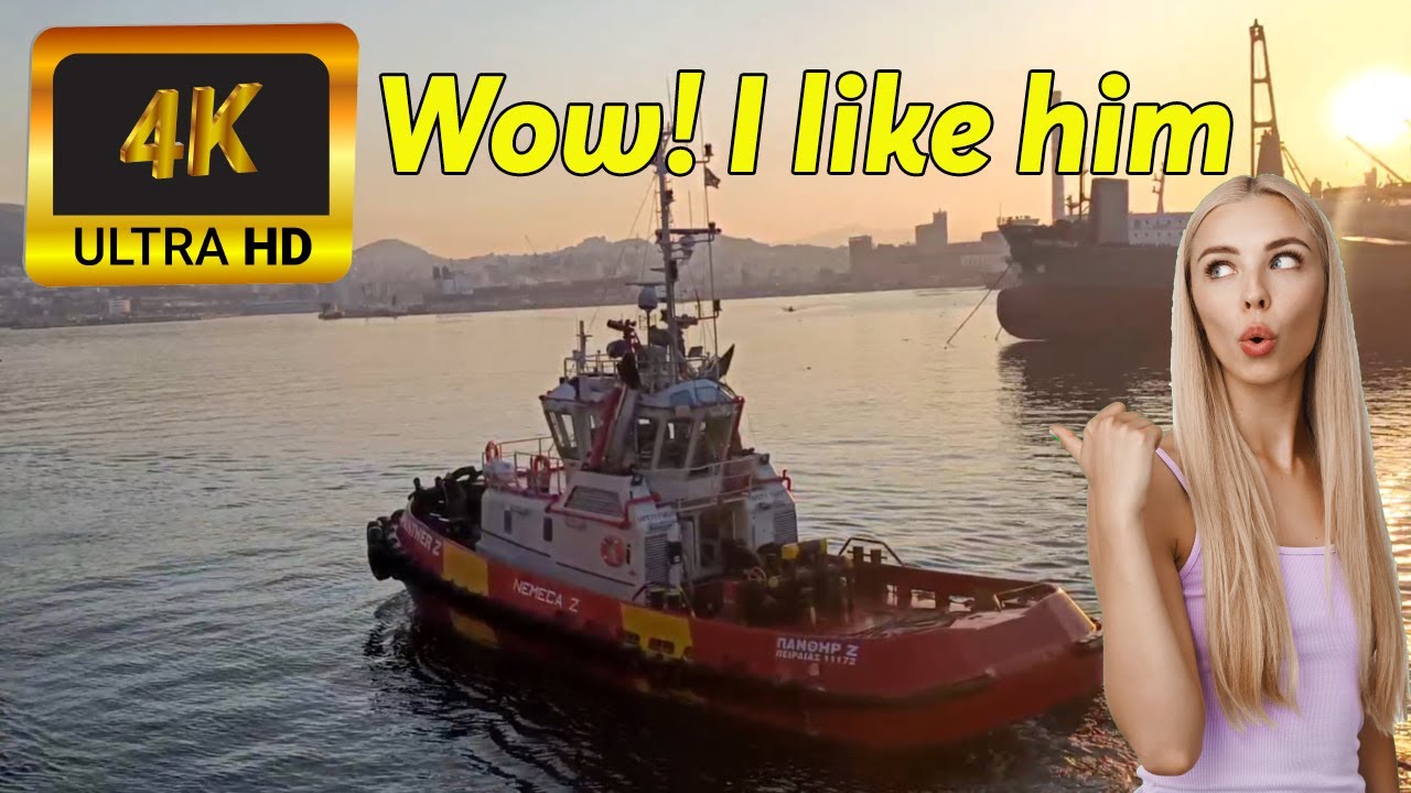 Meeting the tug in the port of Piraeus, Greece 4 K Video
