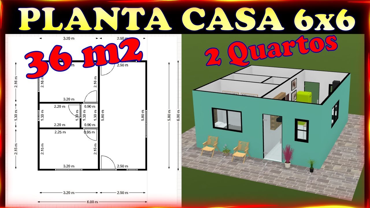 Planta Casa 6x6 - 36 m² com 2 Quartos e Cozinha Americana