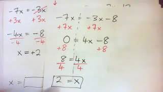 Solve Linear Equations: -7x = -3x - 8  and  -5x = -2x - 12