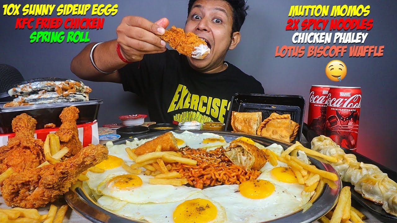 KFC Fried Chicken, 2X Spicy Noodles with 10 Sunnyside up Eggs, Mutton Momos, Chicken Phaley & Waffle