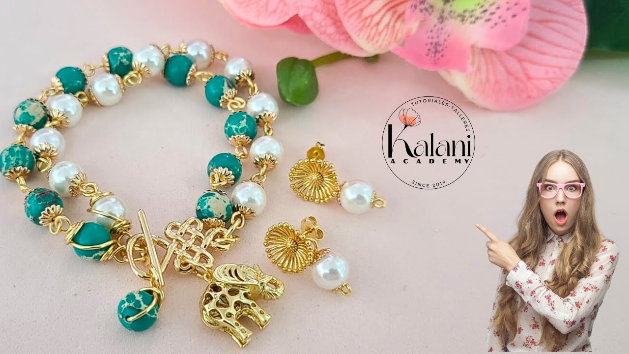 PULSERA DOBLE EN PERLAS Y JASPE CON ARETES. Aprende conmigo📚✨🙌