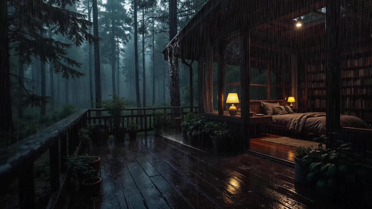Soft Night Rain and Gentle Piano in Forest Cabin Ambience for Deep Rest, Focus, Meditation, Sleep