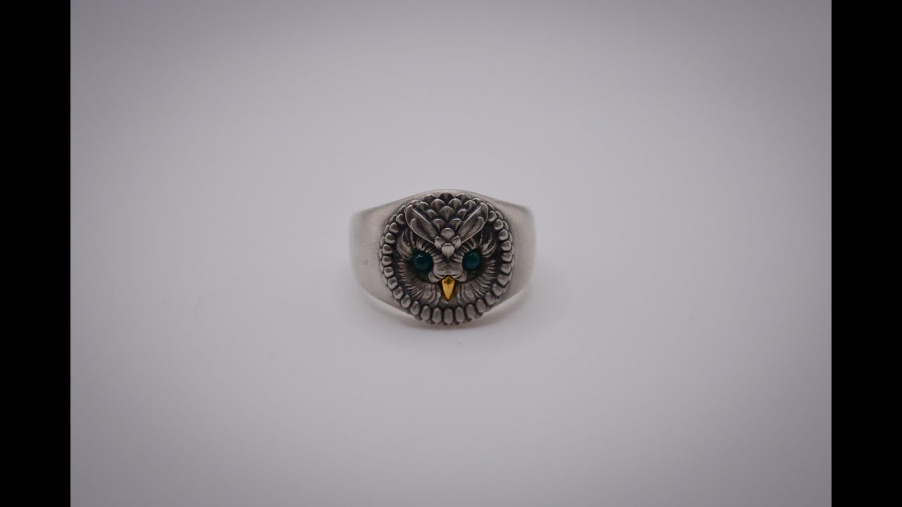 Oxidized Silver Owl Ring with 24K Gold Beak 