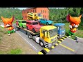 Double Flatbed Trailer Truck vs Speedbumps - Train vs Cars - BeamNG.Drive #11