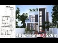 Home Plan 7.5x9m With 4 Bedroom Home design Idea