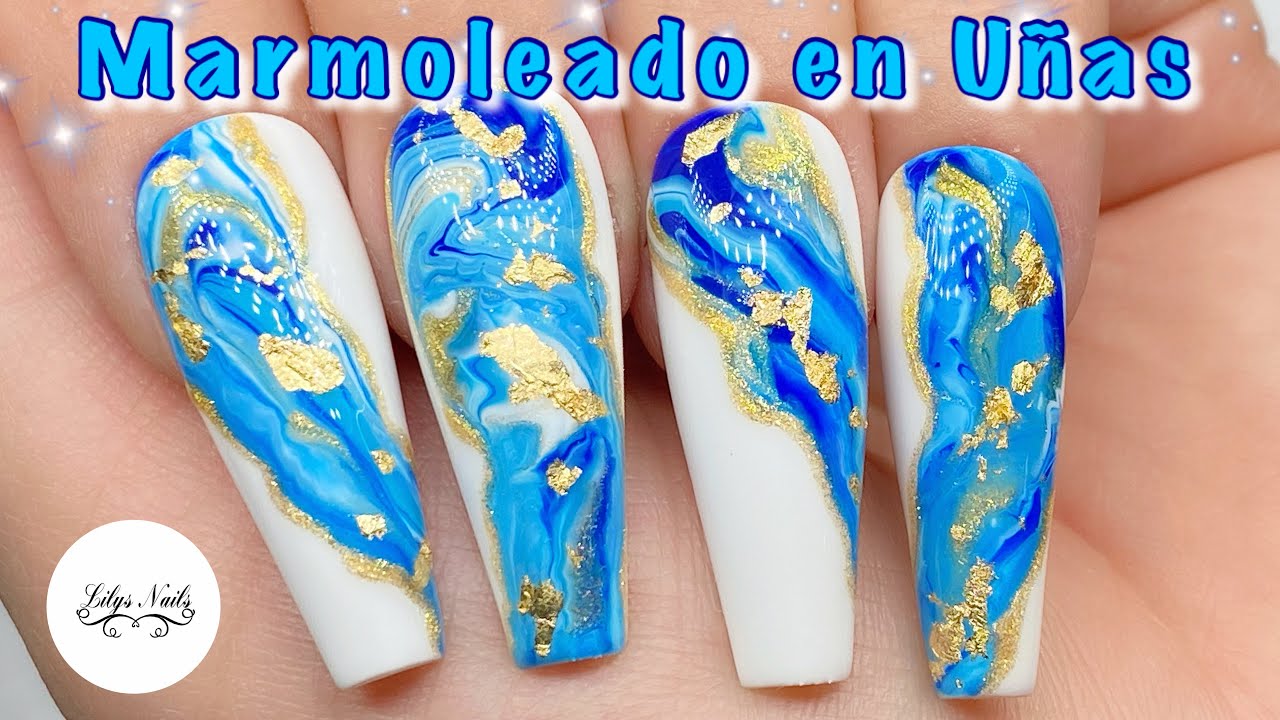 Marmoleado en Uñas en tono Azul / Efecto Mármol en uñas muy fácil de