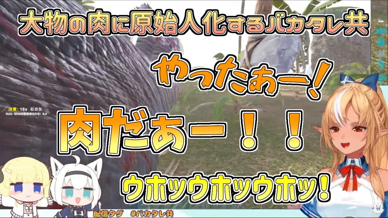 【ホロライブ切り抜き】大物の肉に原始人化するバカタレ共【不知火フレア／白上フブキ／角巻わため／ARK Lost Island／#バカタレ共】