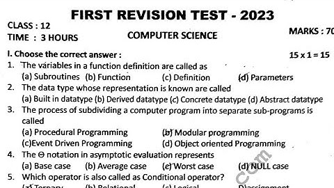 12th Computer Science First Revision Government Official Original Question Paper -2023