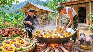 Crispy Fried Quail Stuffed in Papaya - Cooking in a Large Pan– Traditional Wood-Fired Cooking Method screenshot 1