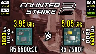 Ryzen 5 5500x3D vs Ryzen 5 7500F in Counter-Strike 2 | CS2 | RTX 5080 [ 1080p vs 1440p vs 4K ]