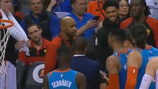 Russell Westbrook Gets Confronted Checked By Vince Carter After Throwing Ball At Hawks Bench
