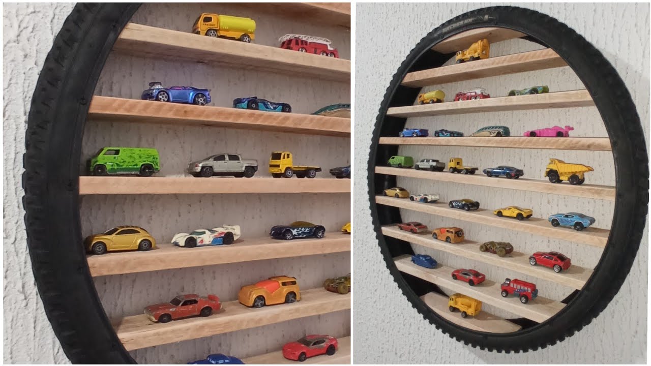 NICHO/PRATELEIRA DECORATIVO PARA CARRINHOS FEITO COM PNEU DE BICICLETA