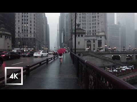 Rainy Day in Downtown Chicago, Light Thunderstorm and City Sounds