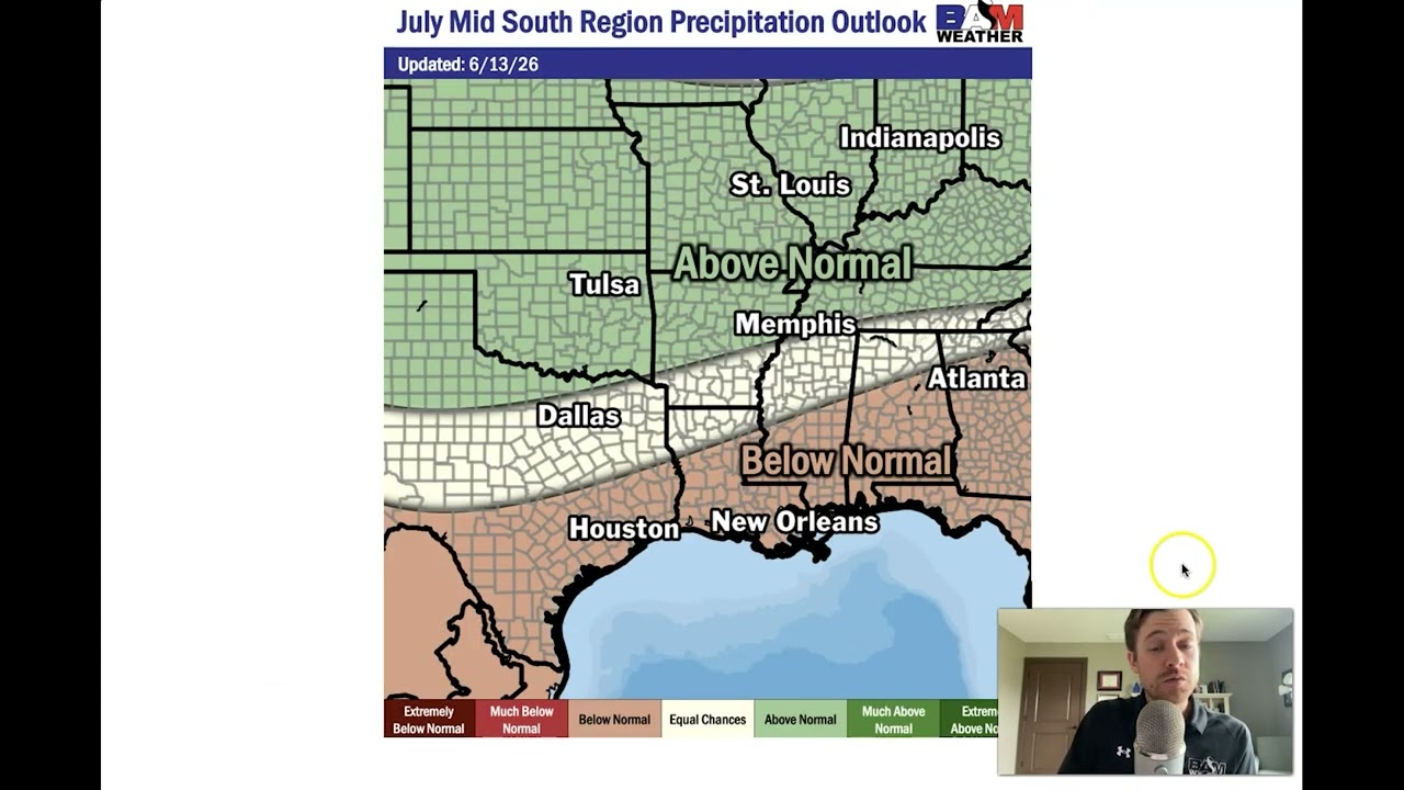 Midsouth region July temperature and precipitation outlook 2026