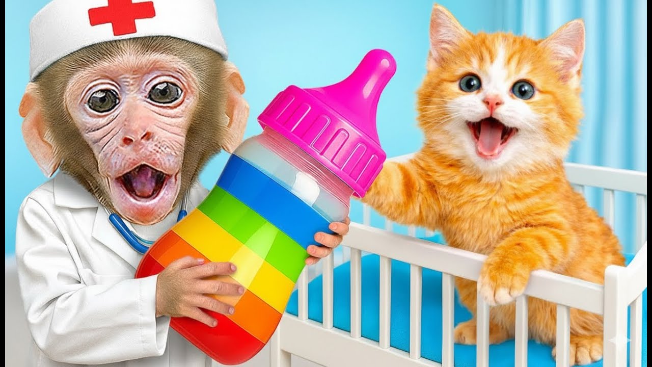 Adorable Monkey Baby Feeds Milk to Little Kittens 🐒🍼 