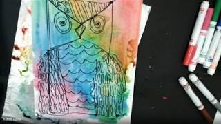 Marker and Water printing: Owl Lesson Step 2