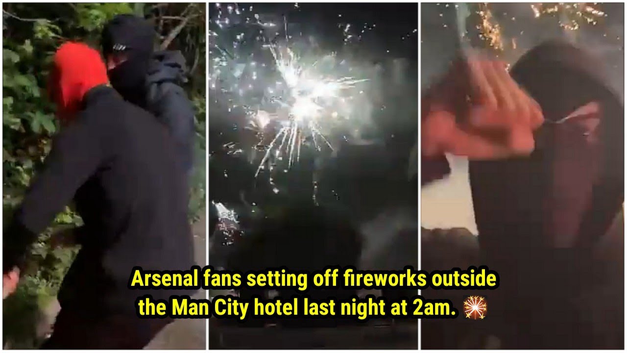 Arsenal fans setting off fireworks outside the Man City hotel last night at 2am. 🎇