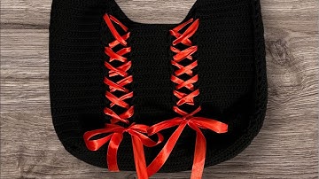 🖤❤️ Handmade Crochet Bag / Black Crochet Tote with Red Ribbon Corset Design