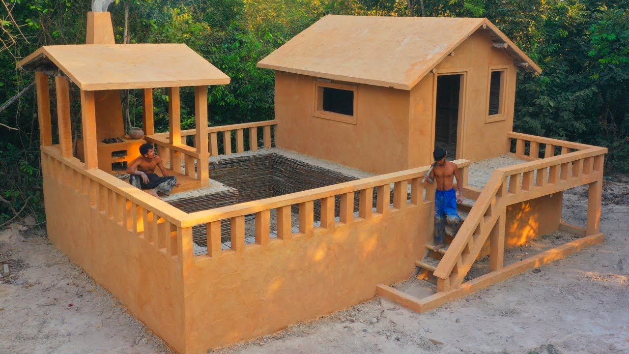 35 Days Building A Modern Mud House Using Primitive Tools With Swimming Pool