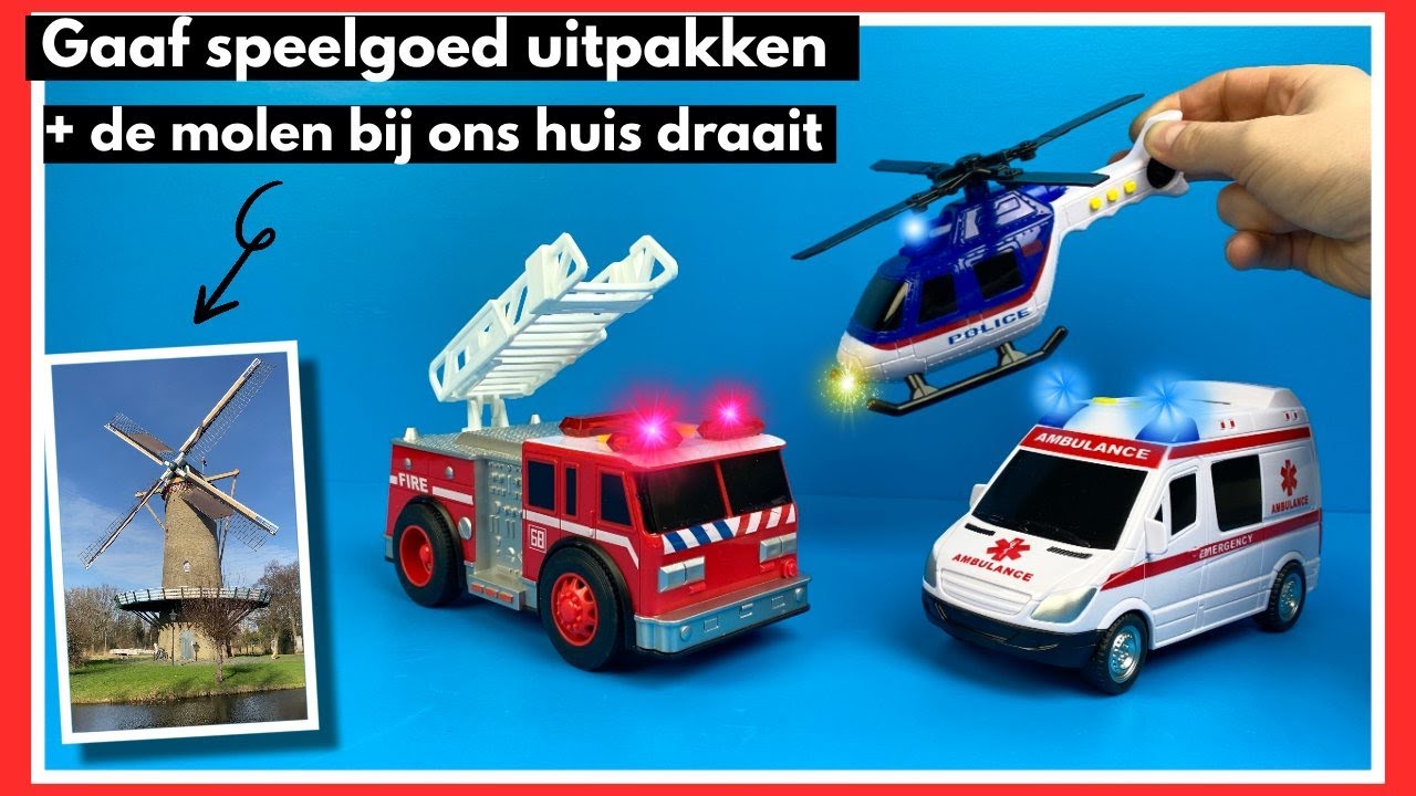Speelgoed Brandweerauto, Ambulance en Helikopter uitpakken en de molen draait