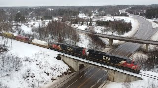 Nice Aerial 4K View! Long Extra Stack Train CN X120 passing Berry Mills, NB at Track Speed