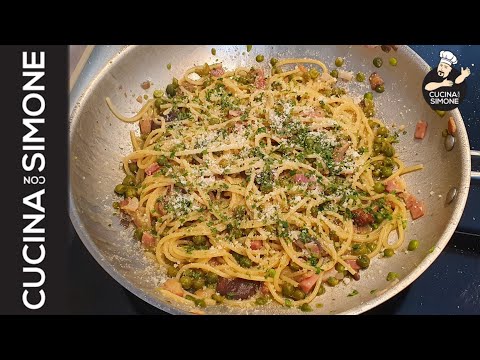 Spaghetti Mushrooms Peas and Bacon