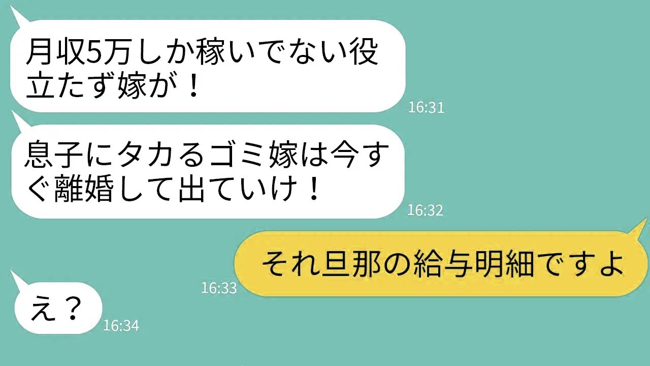 【LINE】嫁の給与明細を勝手に見て低収入と決めつけて離婚を迫る姑「息子にタカるな！」→理不尽すぎるDQN姑に衝撃の事実を伝えた時の反応がwww