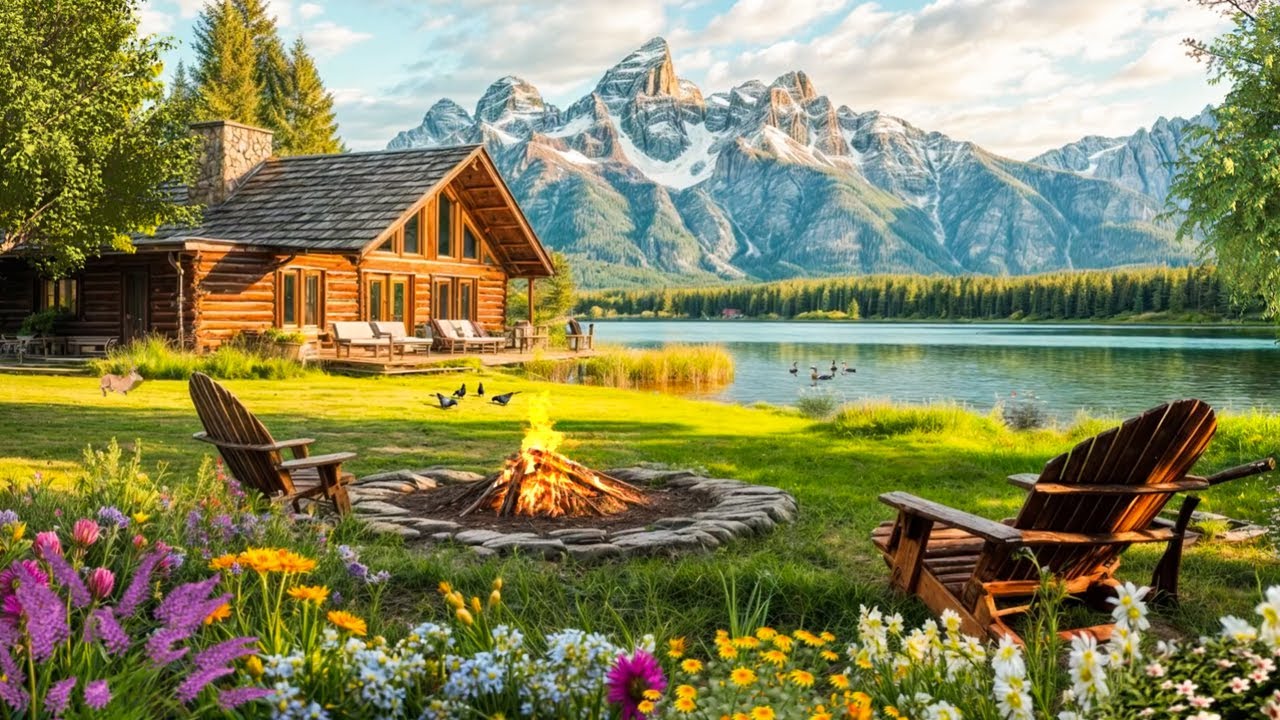 Peaceful Lakeside Cabin with Cozy Chairs & Campfire on the Green Lawn | Soft Birdsong to Relax
