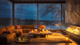 Rainy Night at Cozy Living Room Lakeside 🌧️ Smooth Jazz, Relaxing Rain, Fireplace Sounds to Sleep 4K