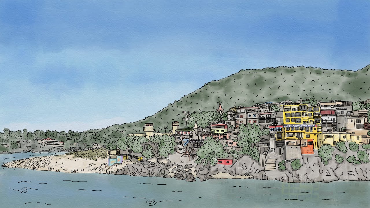 Digital Illustration on iPad pro. River Ganga - Laxman Jhula