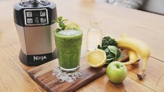 Make this healthy smoothie recipe with banana, kale, coconut water,
date, lemon, spinach & ice. super easy the nutri ninja.